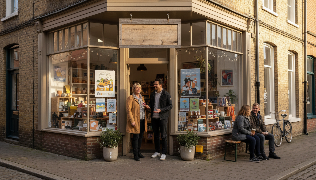 Escena de una pequeña tienda local con cartel visible, clientes en la entrada y elementos de publicidad local en vitr...