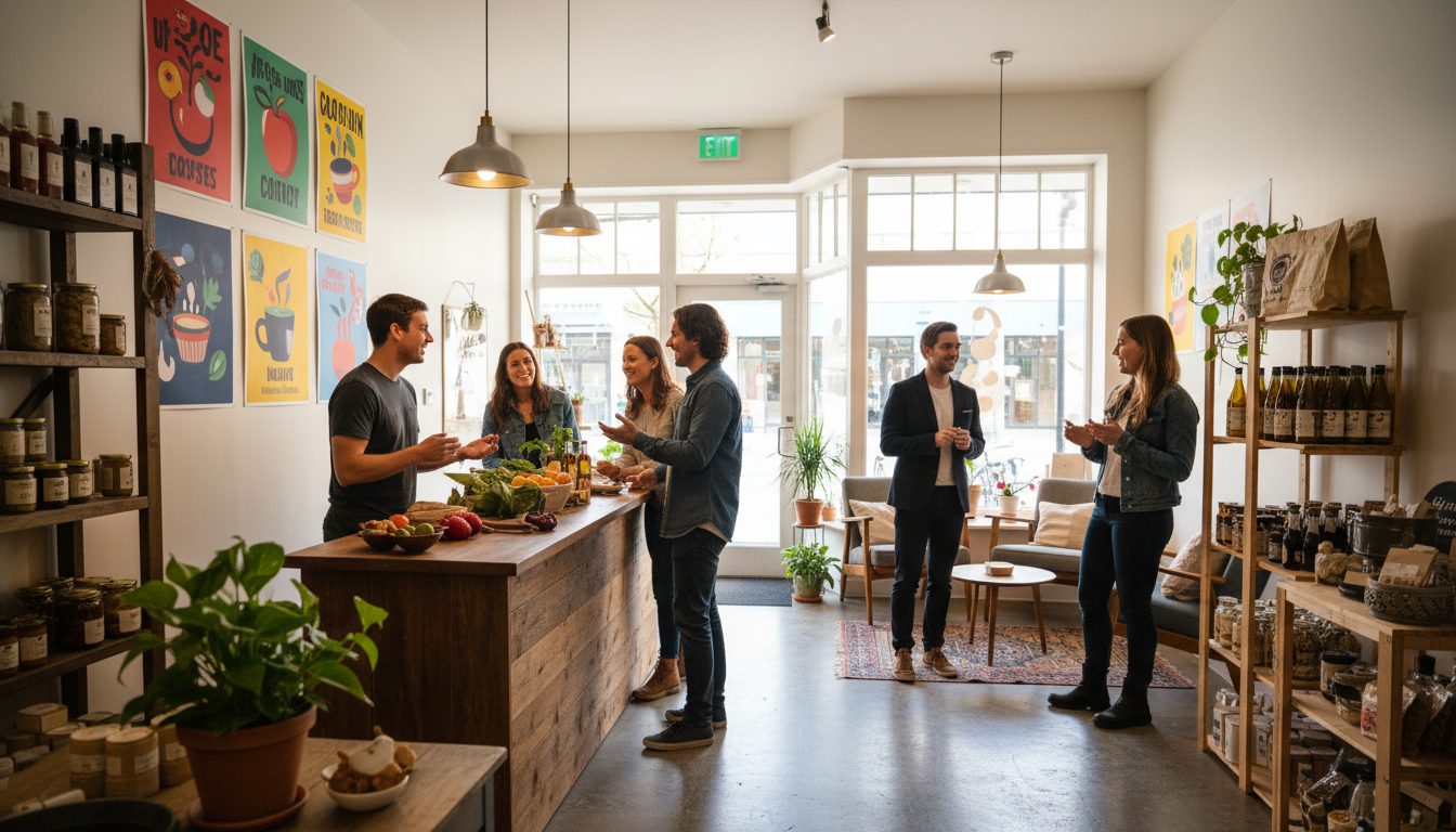 Vista de una pequeña tienda local con clientes conversando, carteles promocionales coloridos y luz cálida natural en ...