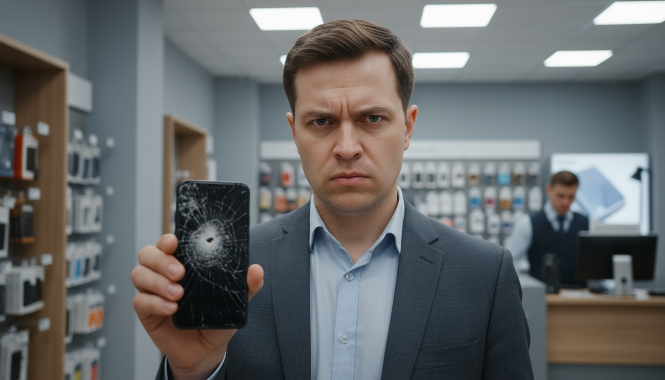 Primer plano de un cliente con expresión de frustración revisando un producto defectuoso, ambiente de tienda con luz ...