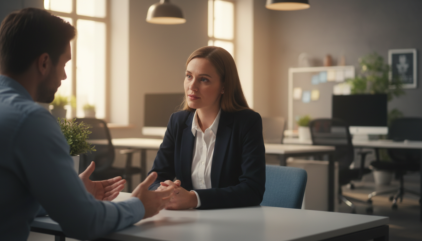 Empleado de atención al cliente escuchando atentamente a un cliente en oficina moderna, luz cálida y ambiente profesi...