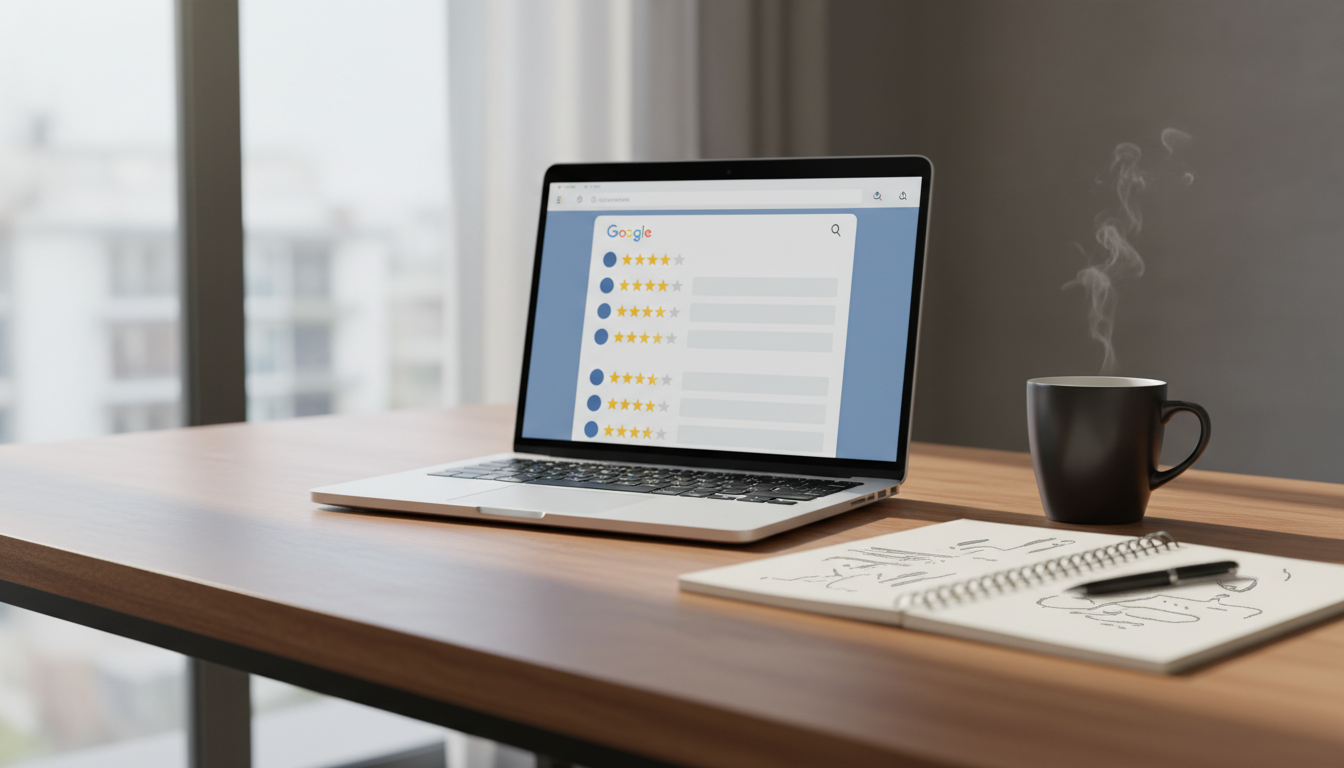 Mesa de trabajo con laptop abierta en pantalla de reseñas de Google, cuaderno con notas y taza de café bajo luz natur...